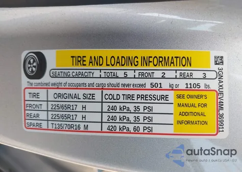 2021 Chevrolet Equinox Awd Lt из США, поврежденный, VIN 3GNAXUEV4ML369911